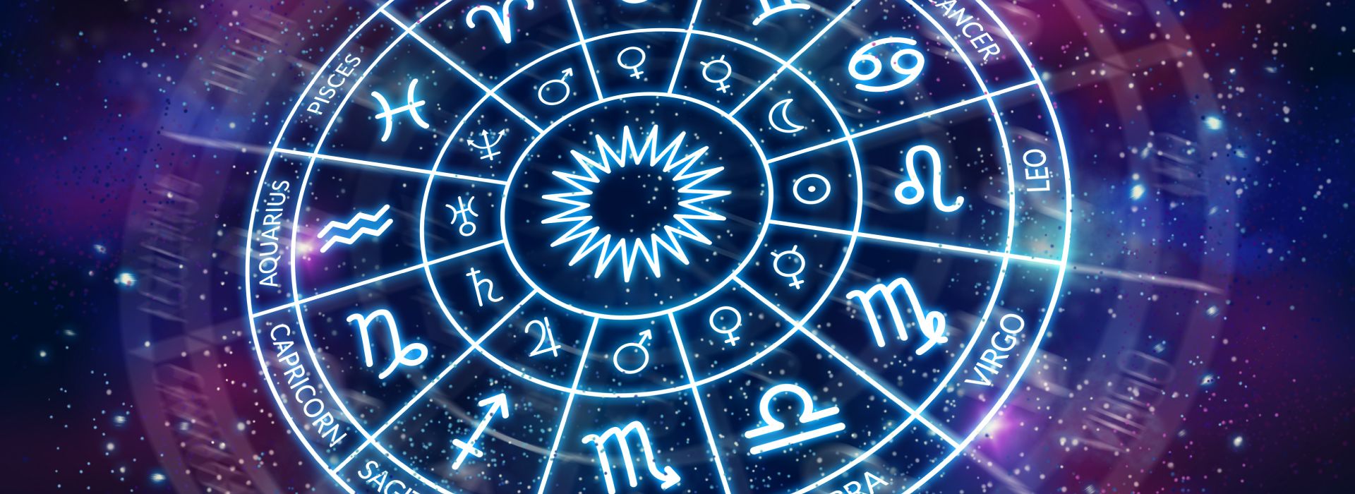 Zodiac wheel with glowing symbols and words for each sign.  Background of space is blue and purple with stars.