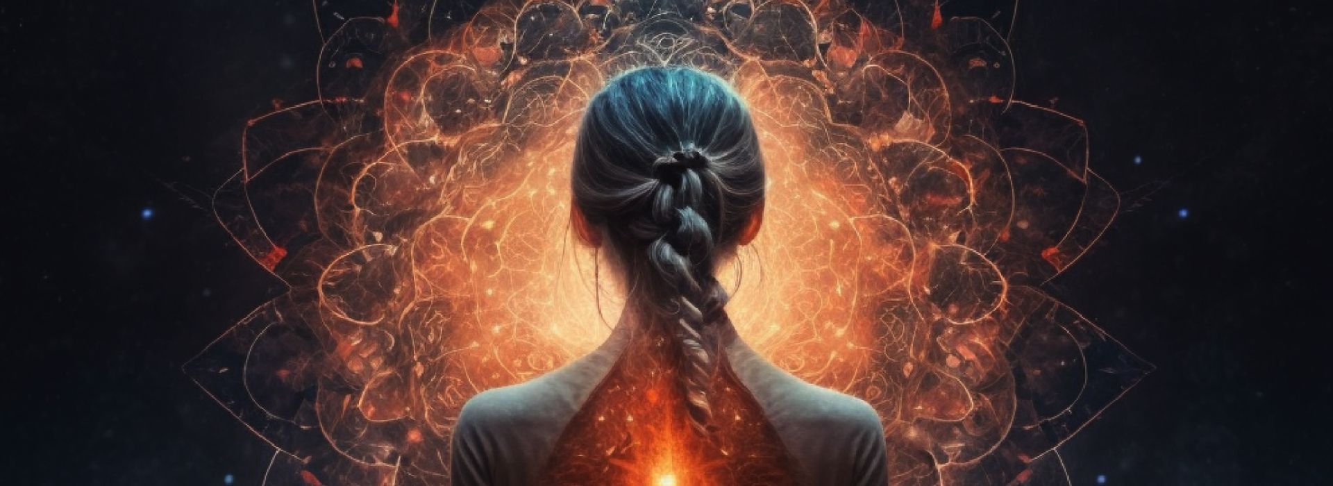 Back side bust of a woman with a braided pony tail looking towards an orange mandala expanding in space.