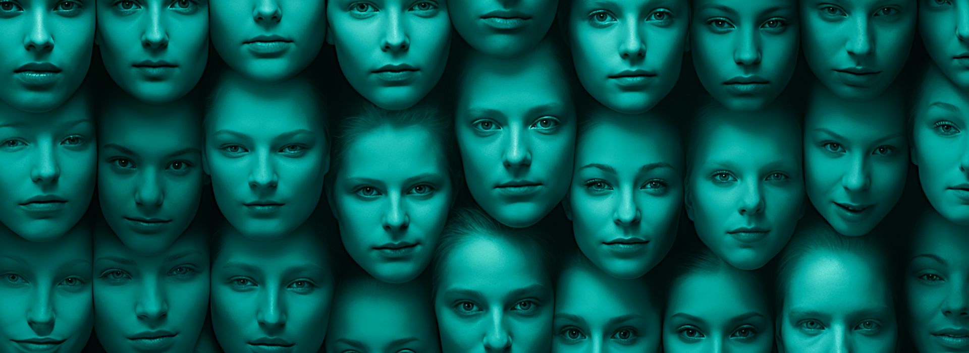 Abstract of women's faces in three vertical rows with various expressions and a green color overlay.